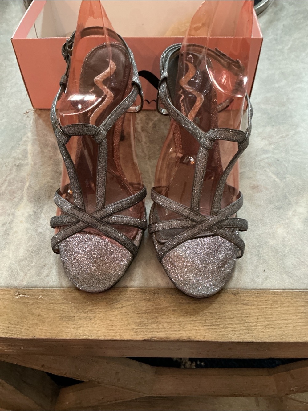Nina Silver Glitter Strappy T‑Bar Heels